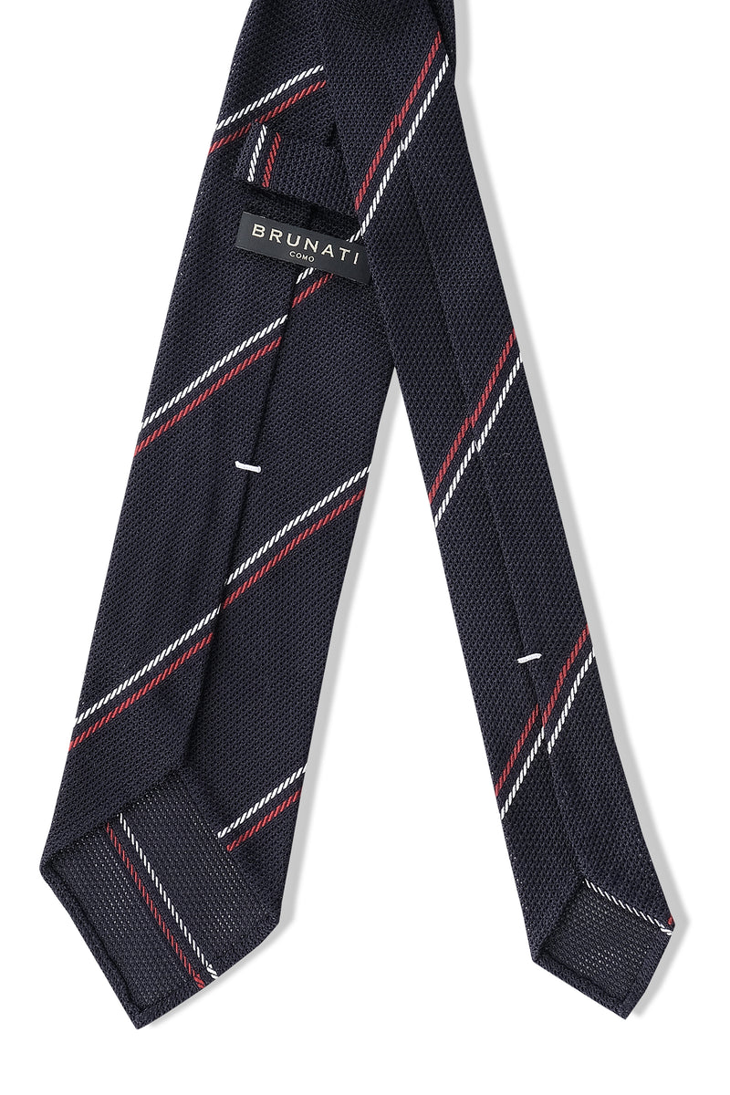 3-Fold Striped Silk Grenadine Tie - Dark Navy/White/Red - Brunati Como