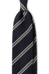 3-Fold Striped Silk Grenadine Tie - Navy/Olive/Off White - Brunati Como