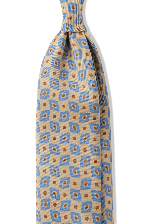 3-Fold Patterned Silk Tie - Cream Yellow / Light Blue - Brunati Como