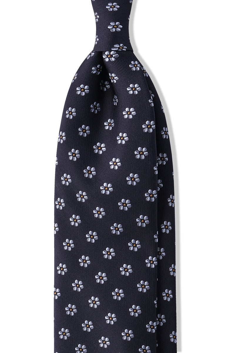 3- Fold Floral Daisy Silk Jacquard Tie - Navy / Light Blue / Mustard - Brunati Como