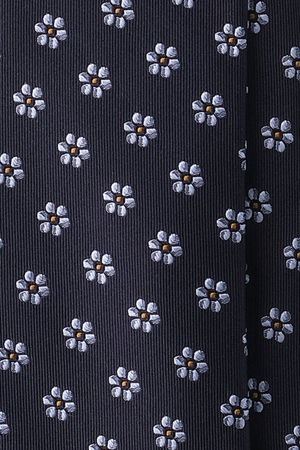 3- Fold Floral Daisy Silk Jacquard Tie - Navy / Light Blue / Mustard - Brunati Como