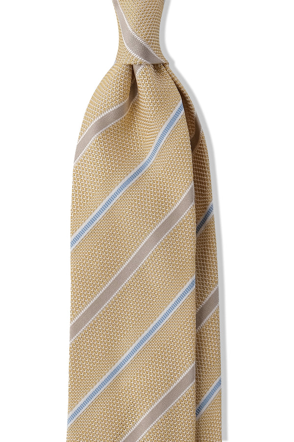 3-Fold Striped Silk Grenadine Tie - Soft Yellow / Taupe / Light Blue - Brunati Como