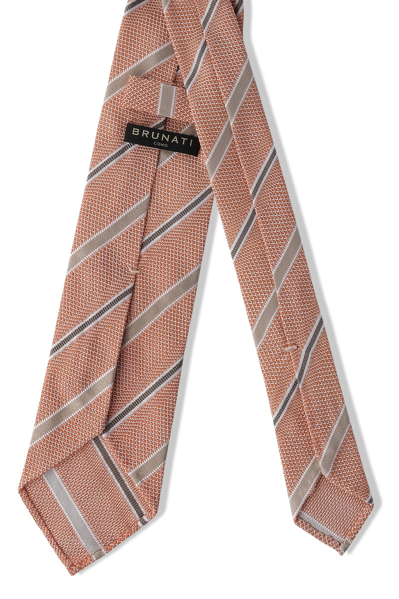 3-Fold Striped Silk Grenadine Tie - Orange / Taupe / Grey - Brunati Como