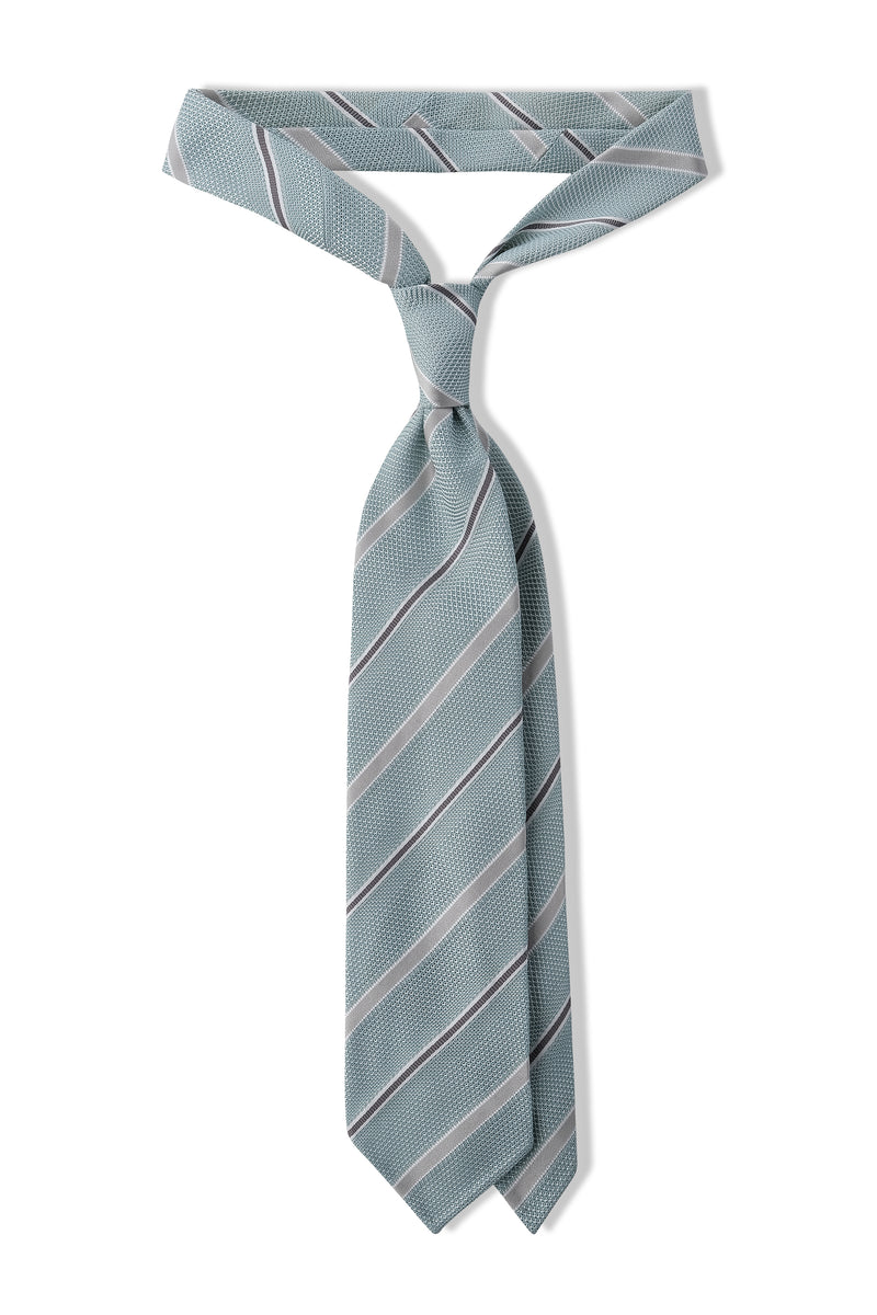 3-Fold Striped Silk Grenadine Tie - Turquoise / Light Grey / Grey - Brunati Como