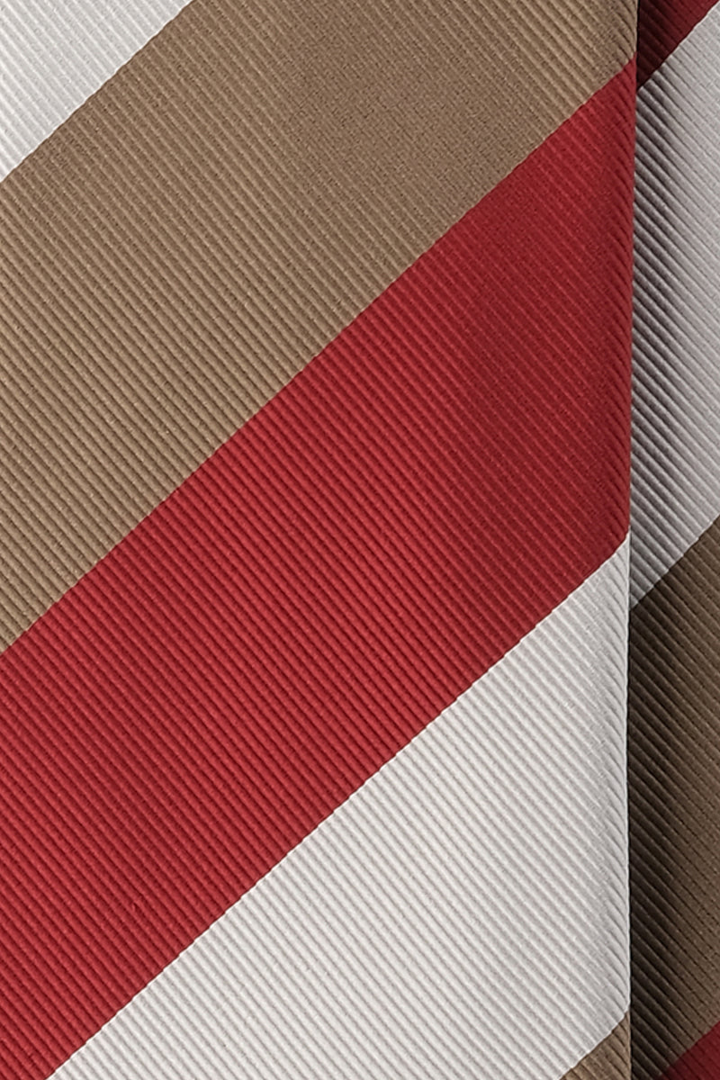 3-Fold Striped Repp Silk Tie - Red / Beige Gold / White - Brunati Como