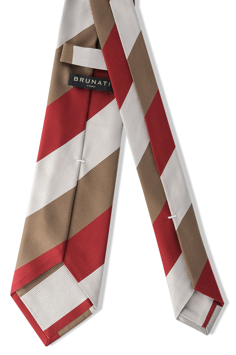 3-Fold Striped Repp Silk Tie - Red / Beige Gold / White - Brunati Como