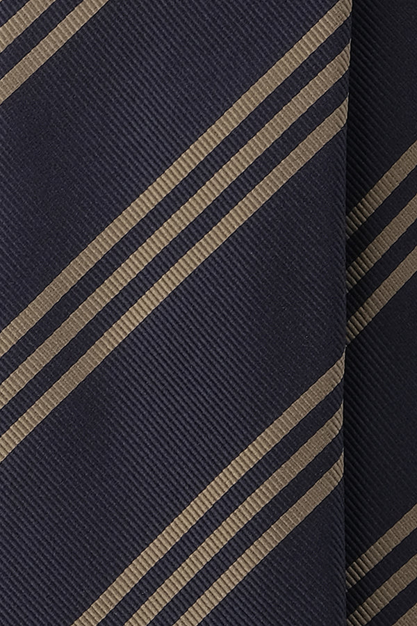 3-Fold Striped Repp Silk Tie - Navy / Beige Gold - Brunati Como