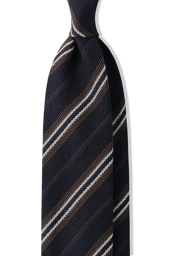 3-Fold Striped Silk Grenadine Tie - Navy / Beige / White - Brunati Como