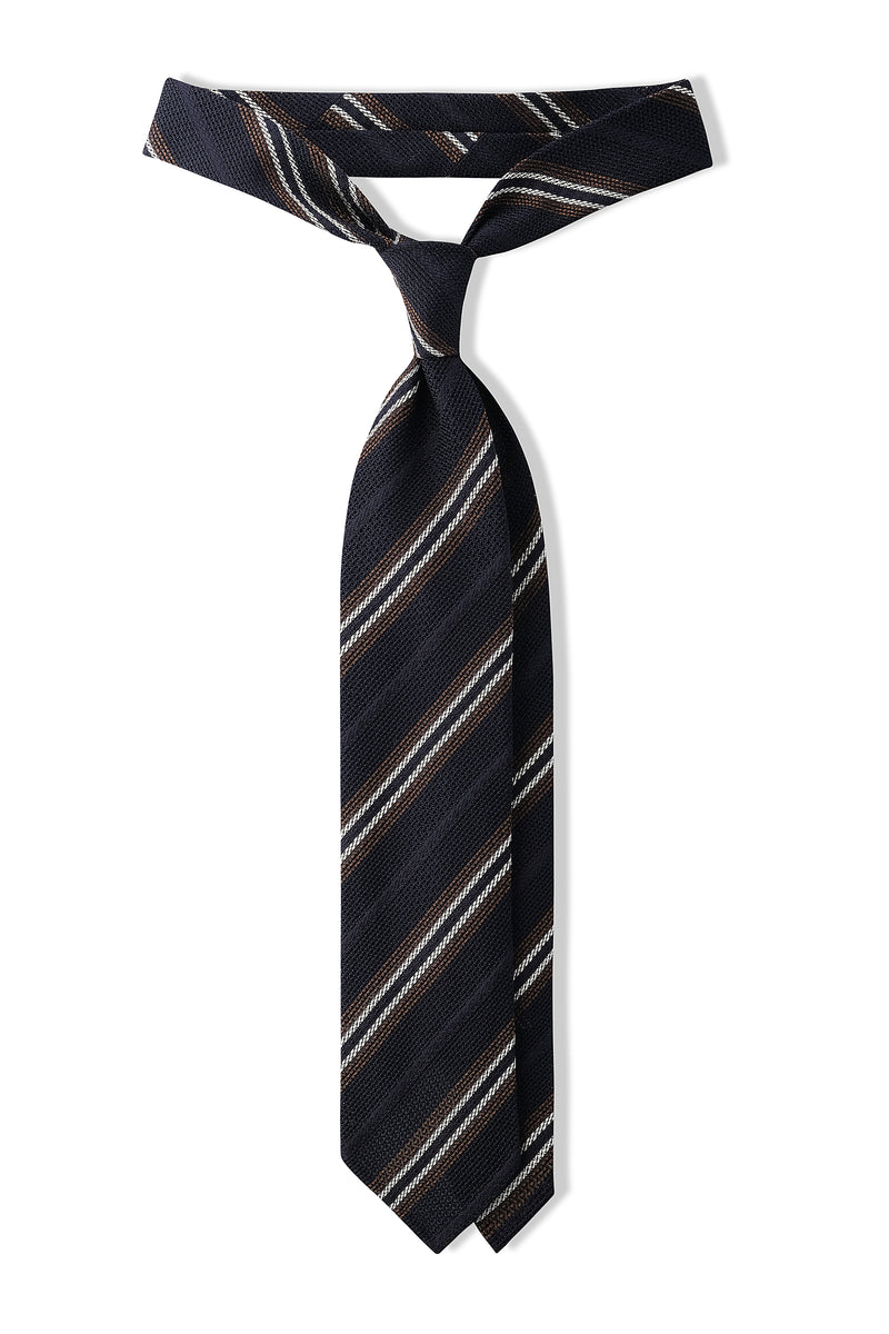 3-Fold Striped Silk Grenadine Tie - Navy / Beige / White - Brunati Como
