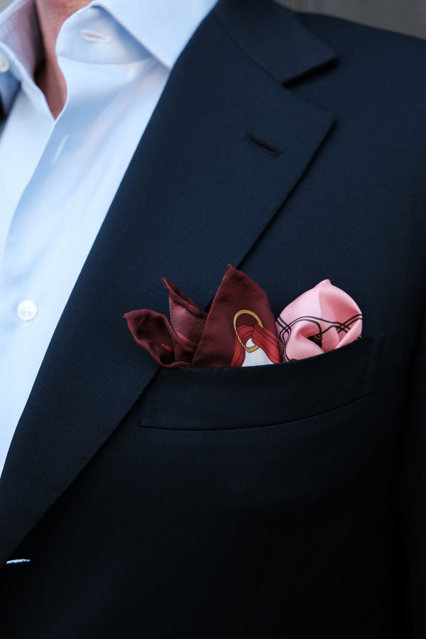 Horse Carriage Pattern Silk Pocket Square - Burgundy - Brunati Como