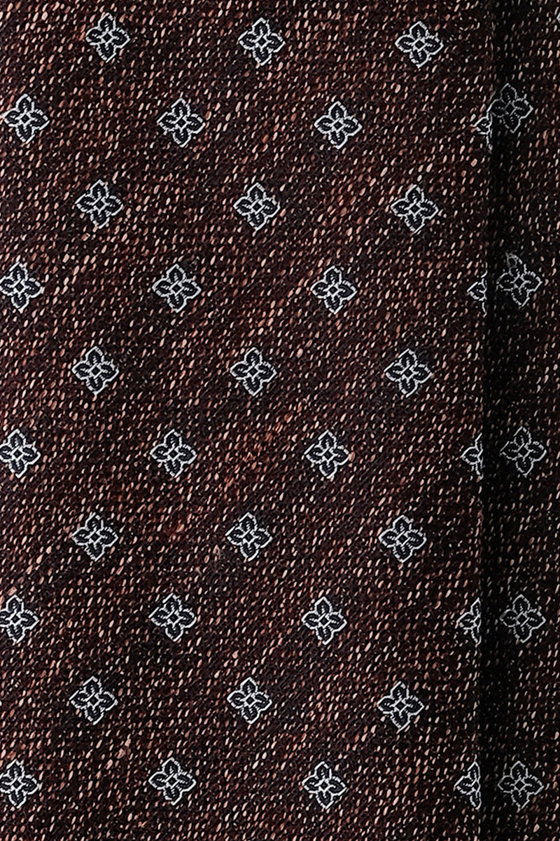 Handrolled Floral Silk Linen Jacquard Tie - Brown Melange - Brunati Como