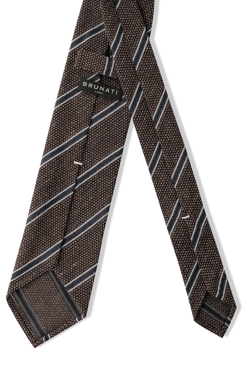 Handrolled Striped Silk Grenadine Linen Jacquard Tie - Brown Melange / Blue - Brunati Como