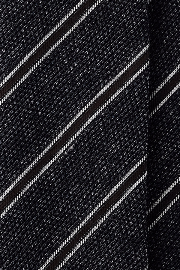 Handrolled Striped Silk Grenadine Linen Jacquard Tie - Blue Melange / Brown - Brunati Como