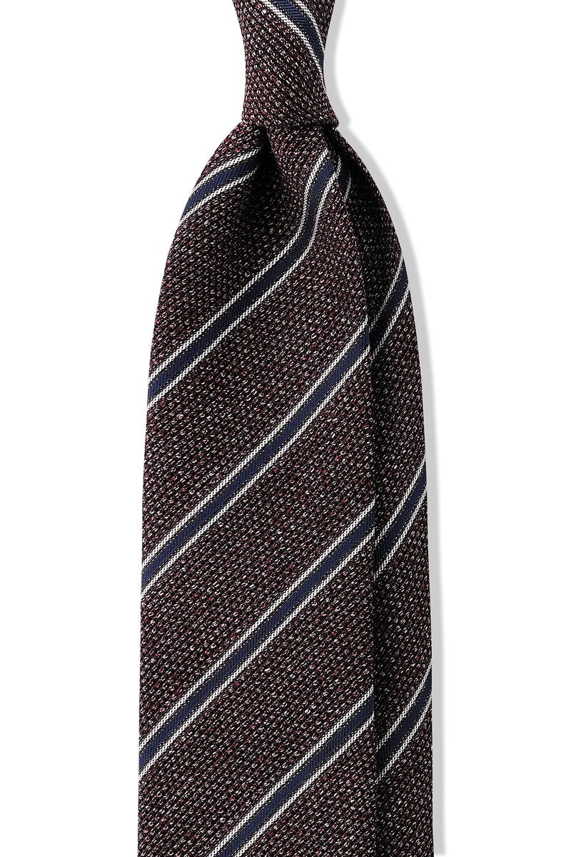 Handrolled Striped Silk Grenadine Linen Jacquard Tie - Bordeaux Melange / Blue - Brunati Como