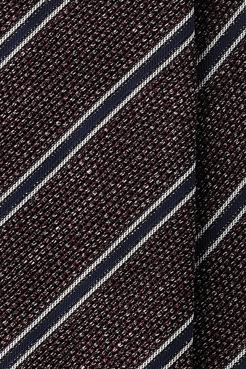 Handrolled Striped Silk Grenadine Linen Jacquard Tie - Bordeaux Melange / Blue - Brunati Como