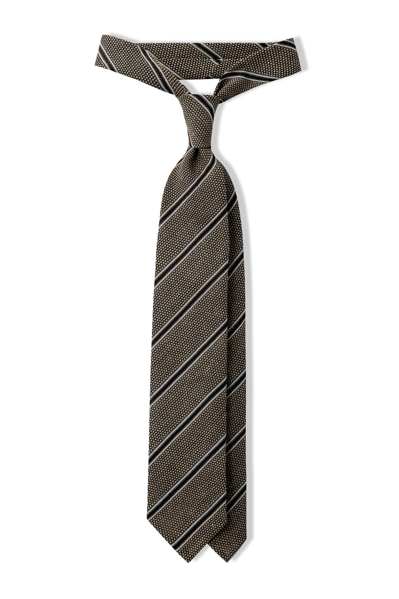 Handrolled Striped Silk Grenadine Linen Jacquard Tie - Curry Melange / Brown - Brunati Como