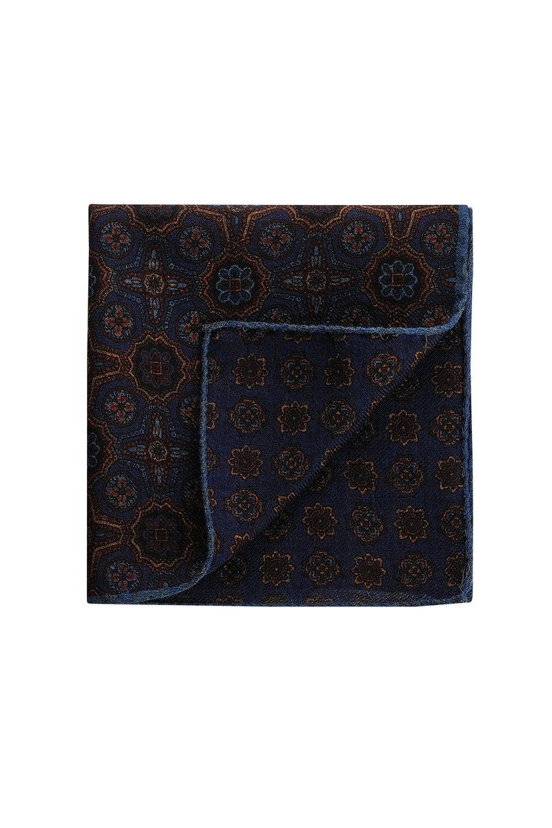 Doubleface Handrolled Flannel Pocket Square - Blue / Rust - Brunati Como