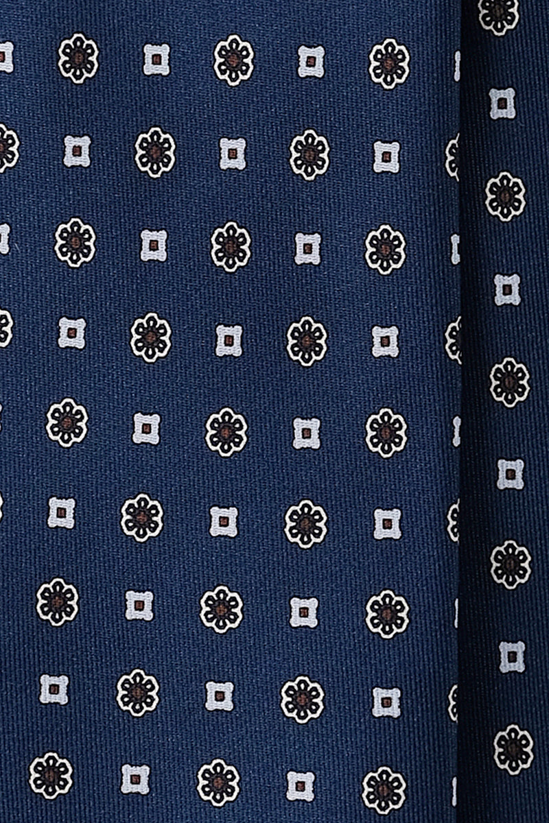 3-Fold Floral Patterned Printed Silk Tie - Blue/Grey/Brown - Brunati Como