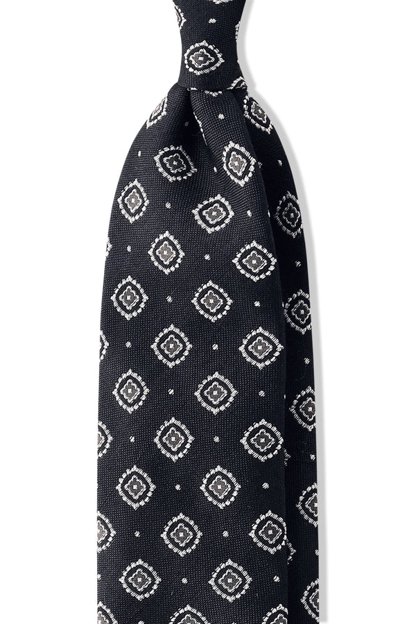 3-Fold Medallion Woven Silk Tie - Navy/Silver/Grey - Brunati Como