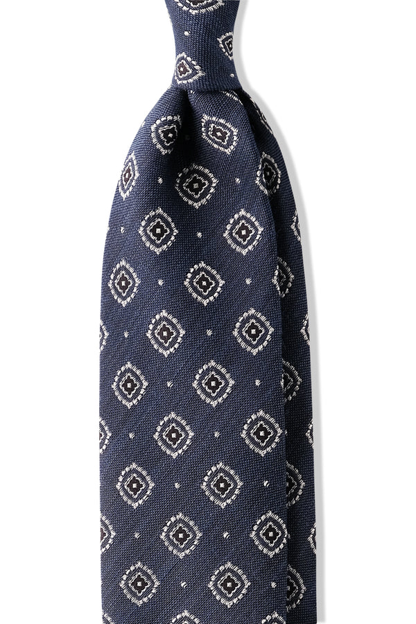 3-Fold Medallion Woven Silk Tie - Blue/Silver/Navy - Brunati Como