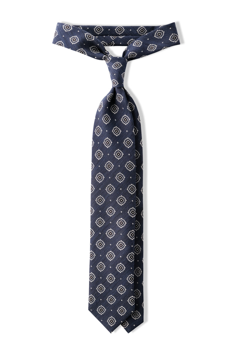 3-Fold Medallion Woven Silk Tie - Blue/Silver/Navy - Brunati Como