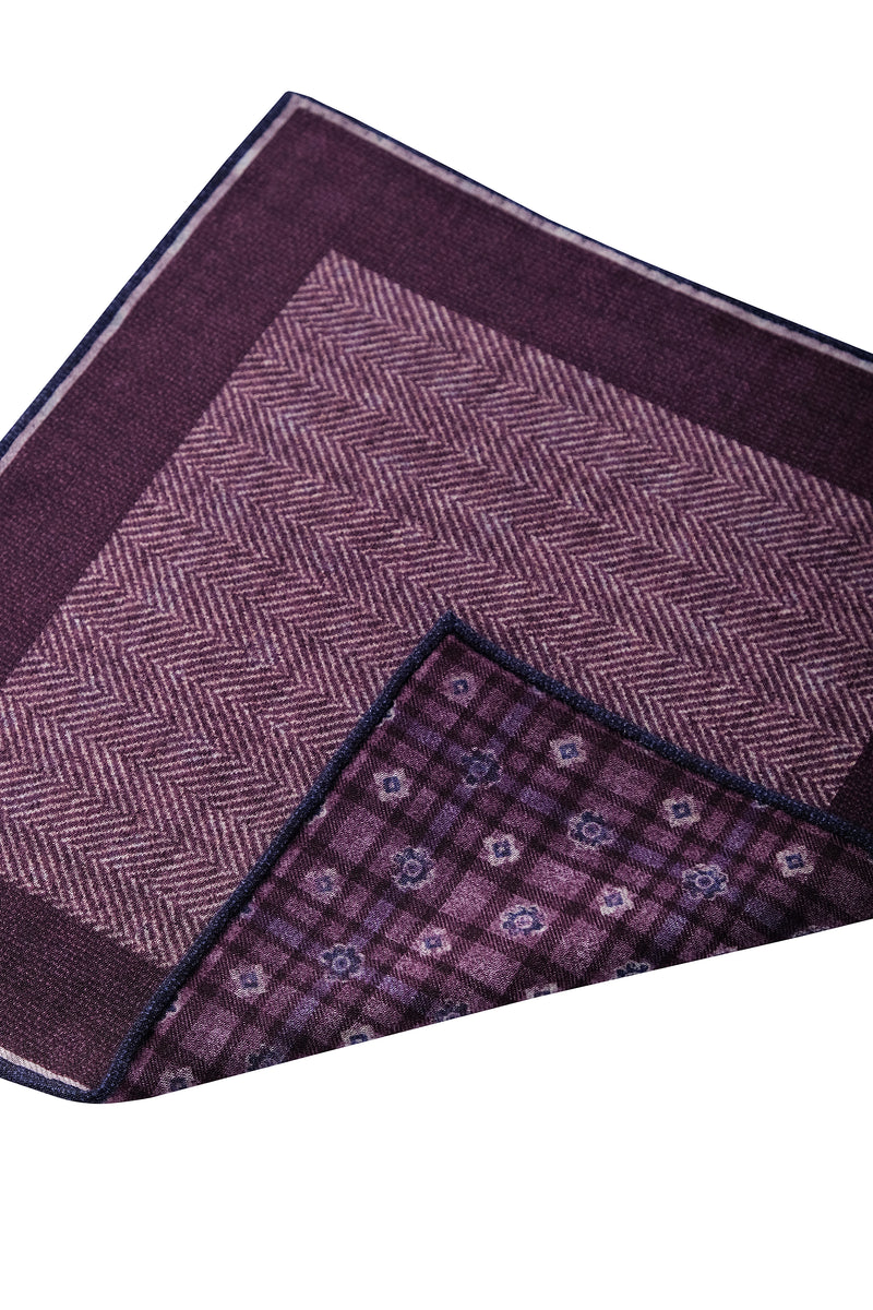 Doubleface Herringbone Silk Linen Pocket Square - Burgundy/Navy/Beige - Brunati Como
