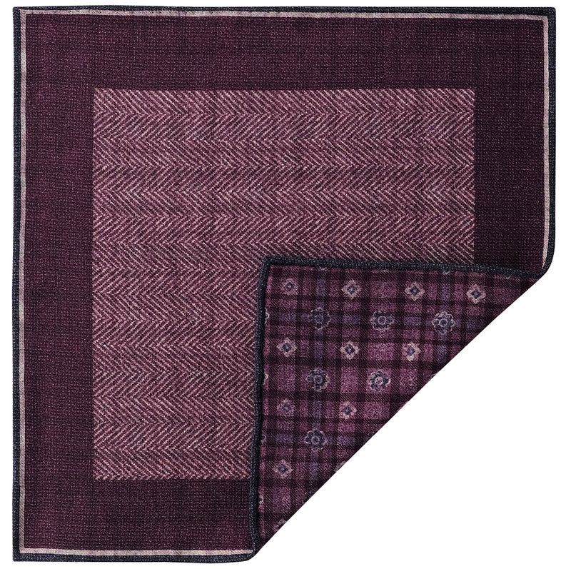 Doubleface Herringbone Silk Linen Pocket Square - Burgundy/Navy/Beige - Brunati Como