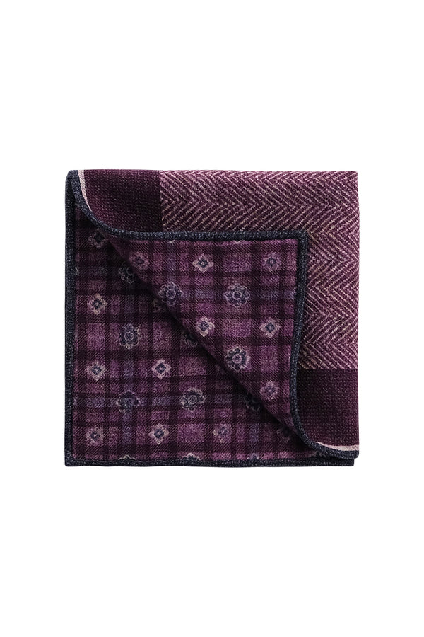 Doubleface Herringbone Silk Linen Pocket Square - Burgundy/Navy/Beige - Brunati Como