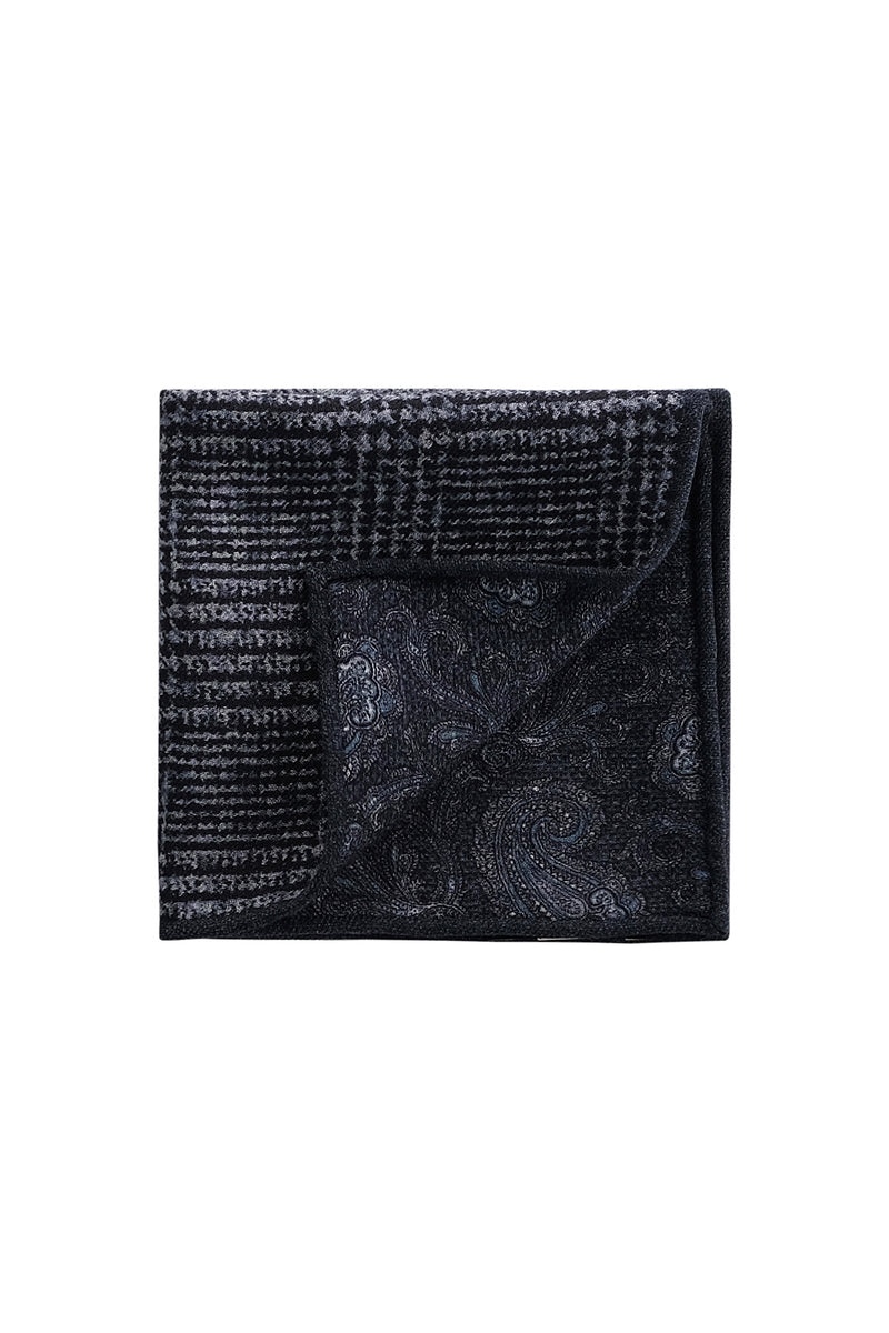 Doubleface Handrolled Silk Linen Pocket Square - Navy/Grey/Blue - Brunati Como