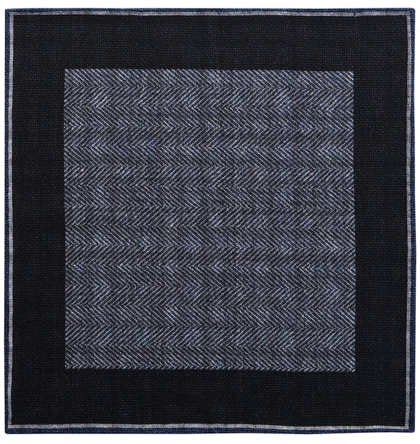 Doubleface Herringbone Silk Linen Pocket Square - Navy/Blue/Grey - Brunati Como