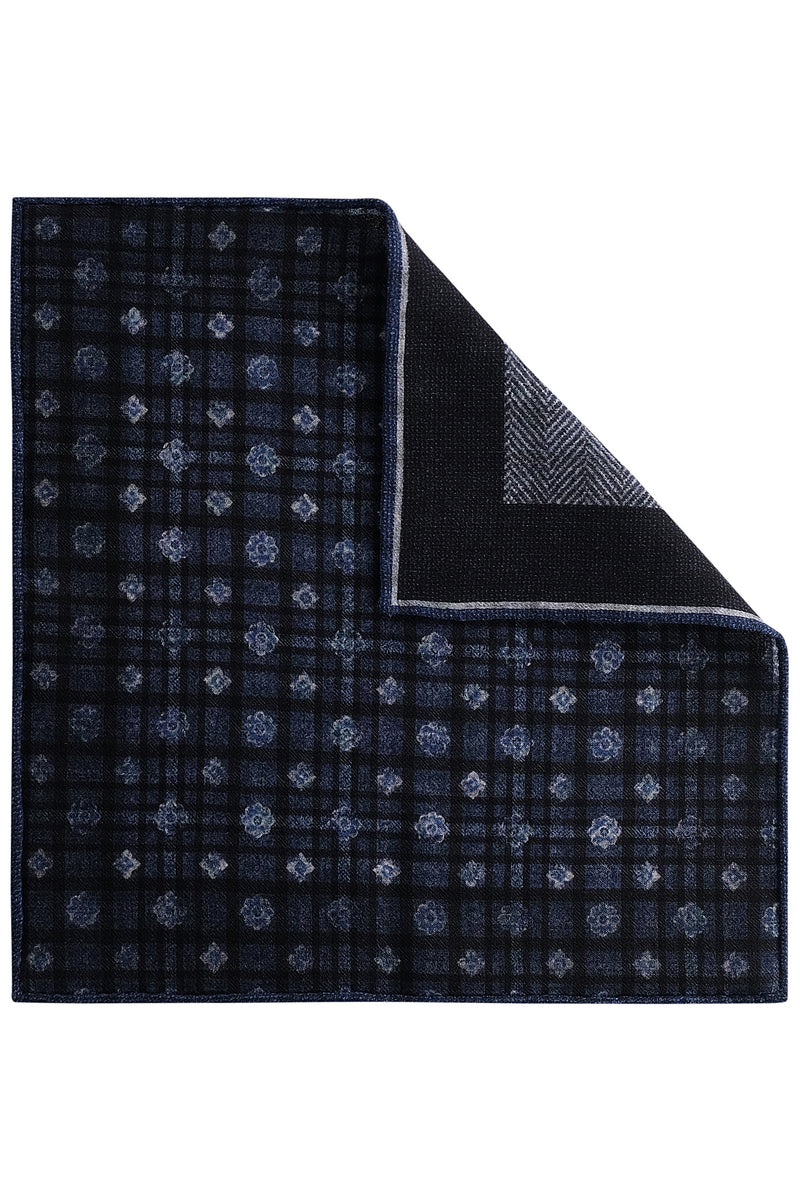 Doubleface Herringbone Silk Linen Pocket Square - Navy/Blue/Grey - Brunati Como