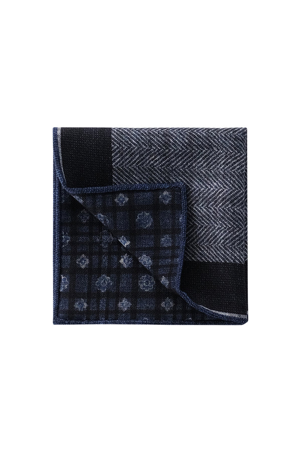 Doubleface Herringbone Silk Linen Pocket Square - Navy/Blue/Grey - Brunati Como