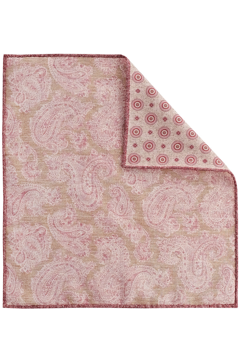 Doubleface Handrolled Silk Pocket Square - Beige/Burgundy/Pink - Brunati Como