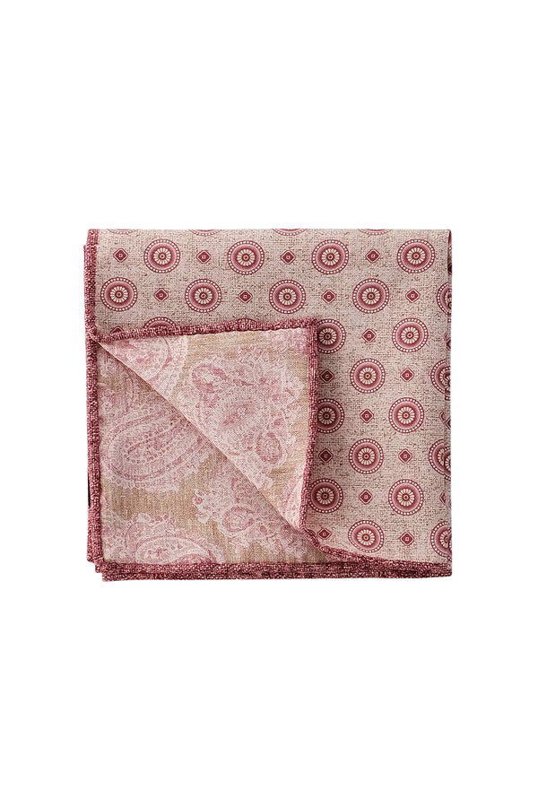 Doubleface Handrolled Silk Pocket Square - Beige/Burgundy/Pink - Brunati Como