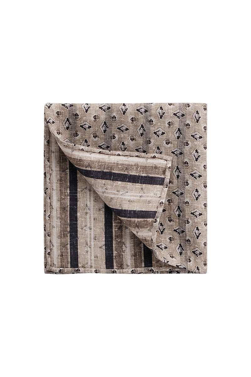 Doubleface Patterned Irish Linen Pocket Square - Beige/Navy - Brunati Como