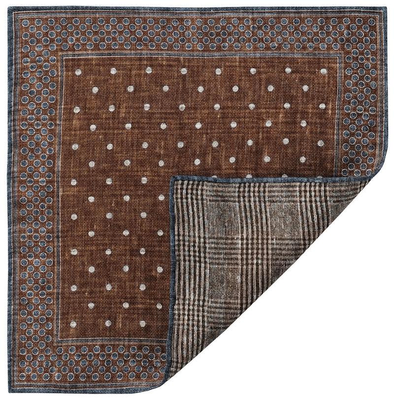 Doubleface Patterned Irish Linen Silk Pocket Square - Brown/Blue/Forest/Beige - Brunati Como