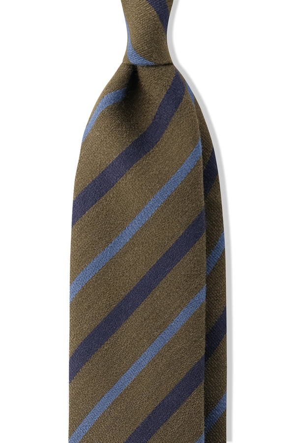 3-Fold Handrolled Striped Wool Tie - Army Green / Navy / Light Blue - Brunati Como