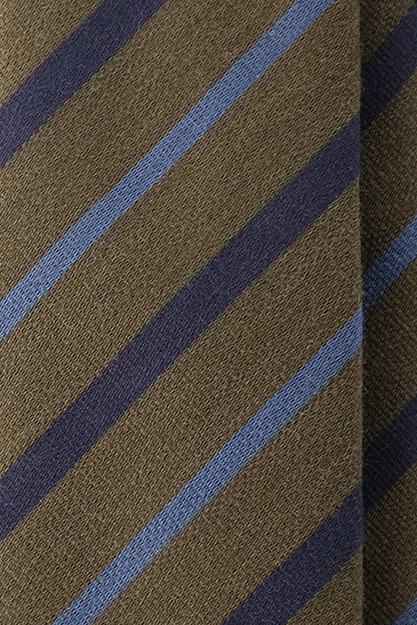 3-Fold Handrolled Striped Wool Tie - Army Green / Navy / Light Blue - Brunati Como