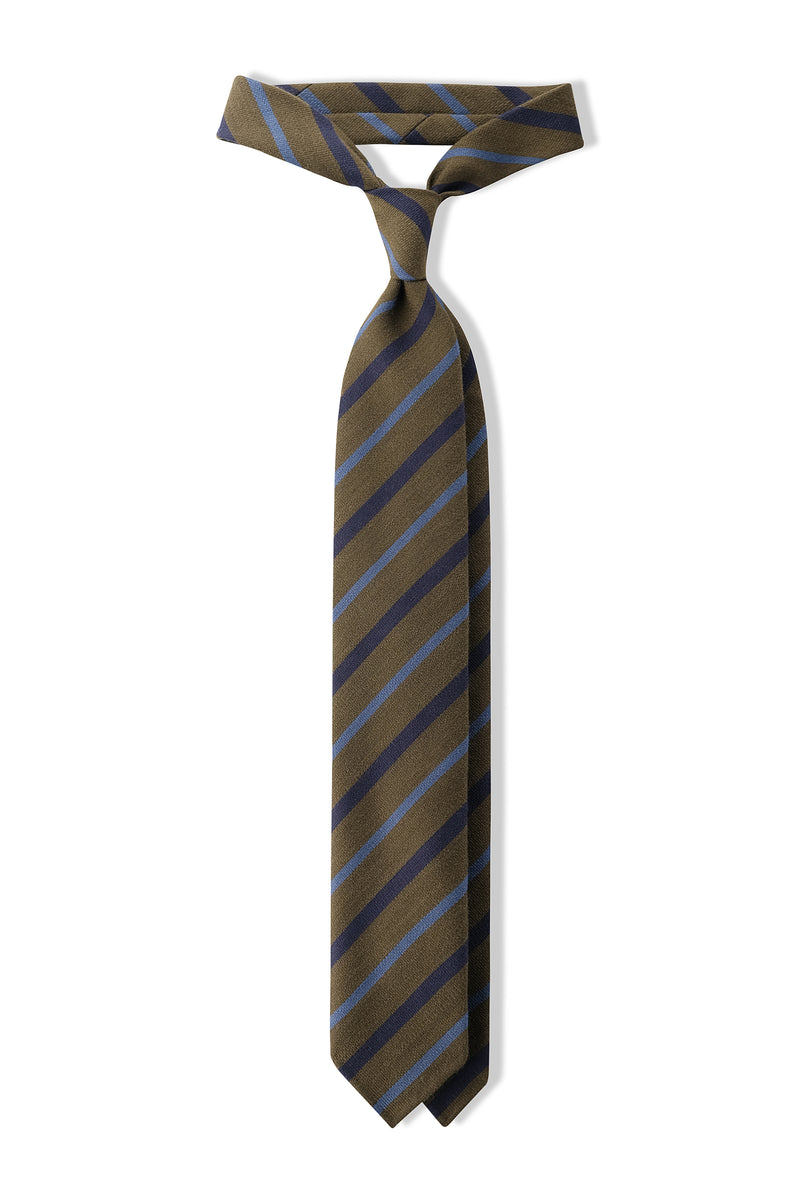3-Fold Handrolled Striped Wool Tie - Army Green / Navy / Light Blue - Brunati Como