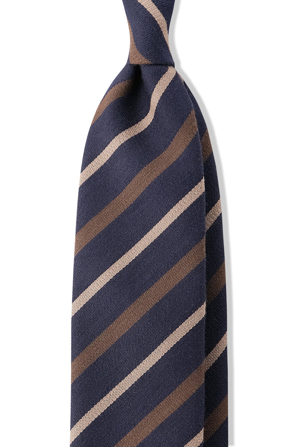 3-Fold Handrolled Striped Wool Tie - Navy / Brown Beige / Light Beige - Brunati Como