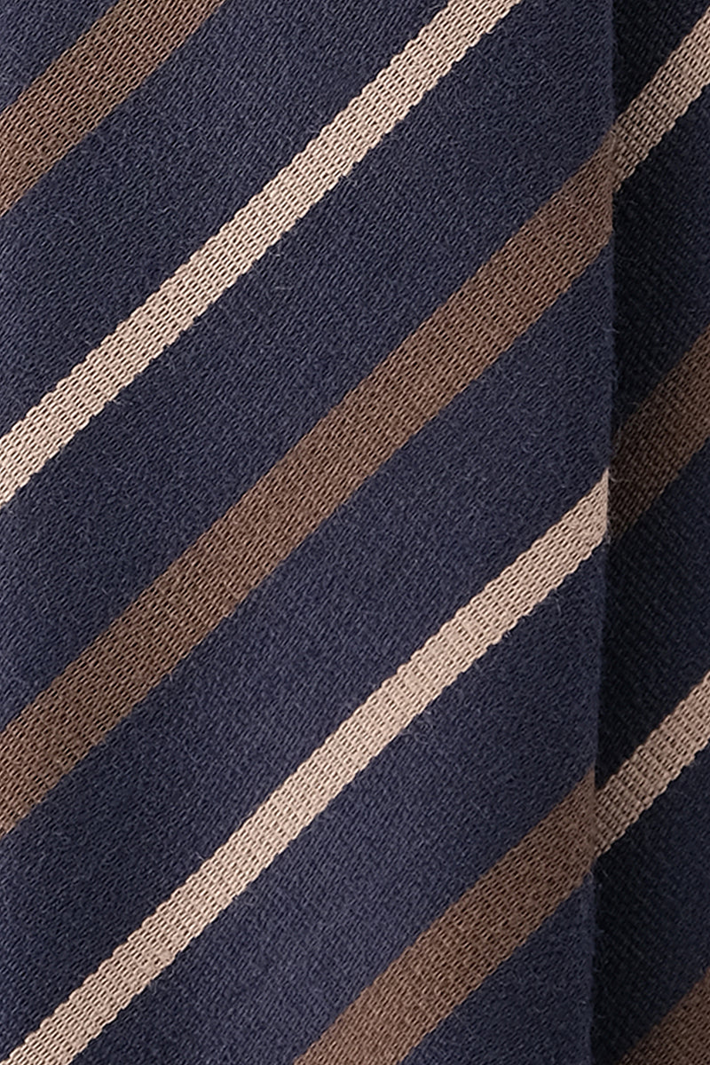 3-Fold Handrolled Striped Wool Tie - Navy / Brown Beige / Light Beige - Brunati Como