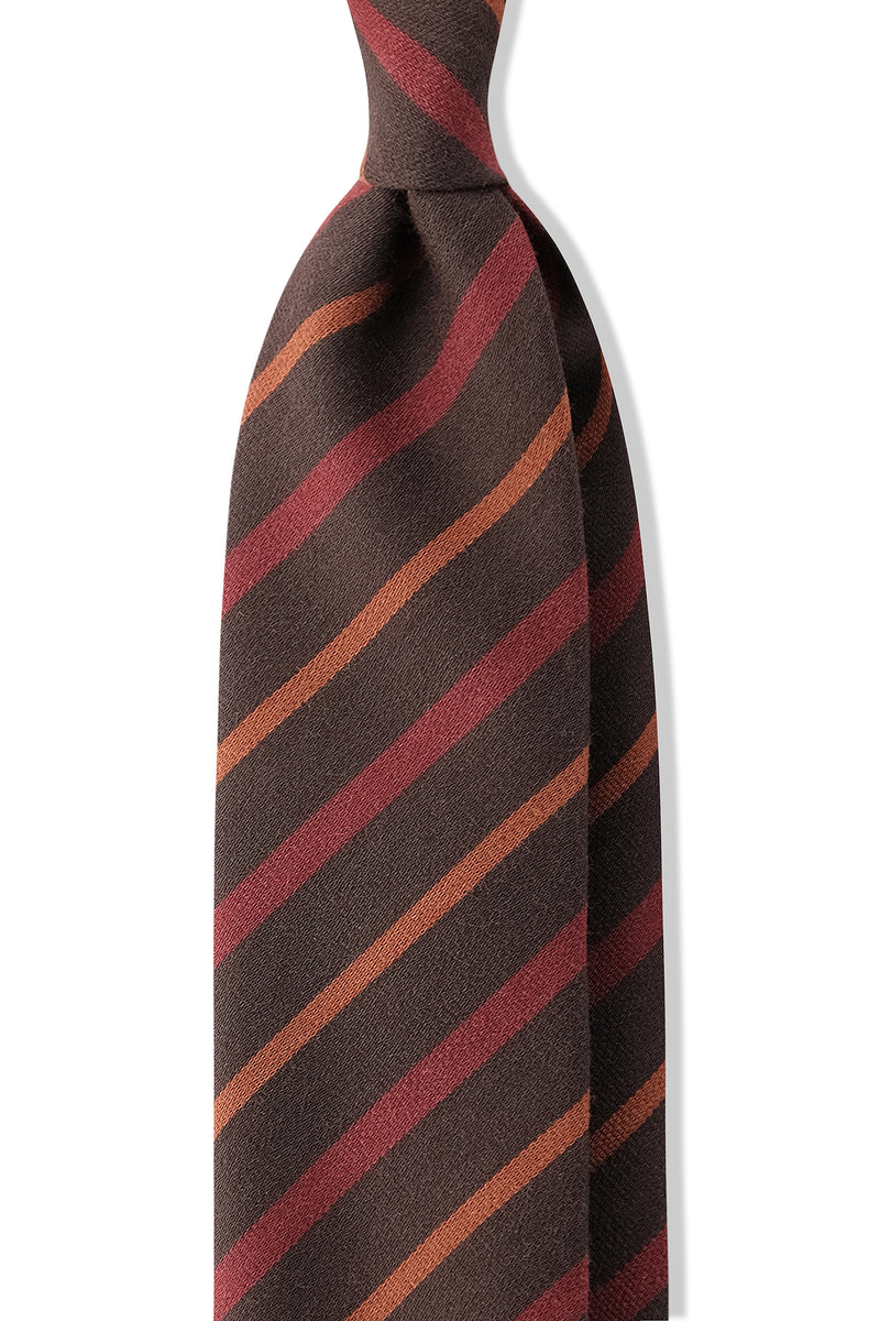 3-Fold Handrolled Striped Wool Tie - Brown / Orange / Soft Red - Brunati Como