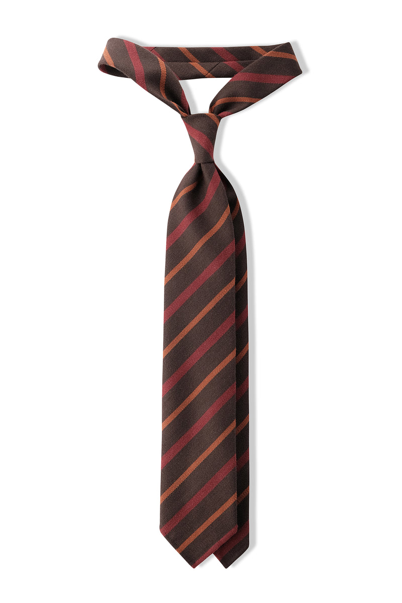 3-Fold Handrolled Striped Wool Tie - Brown / Orange / Soft Red - Brunati Como