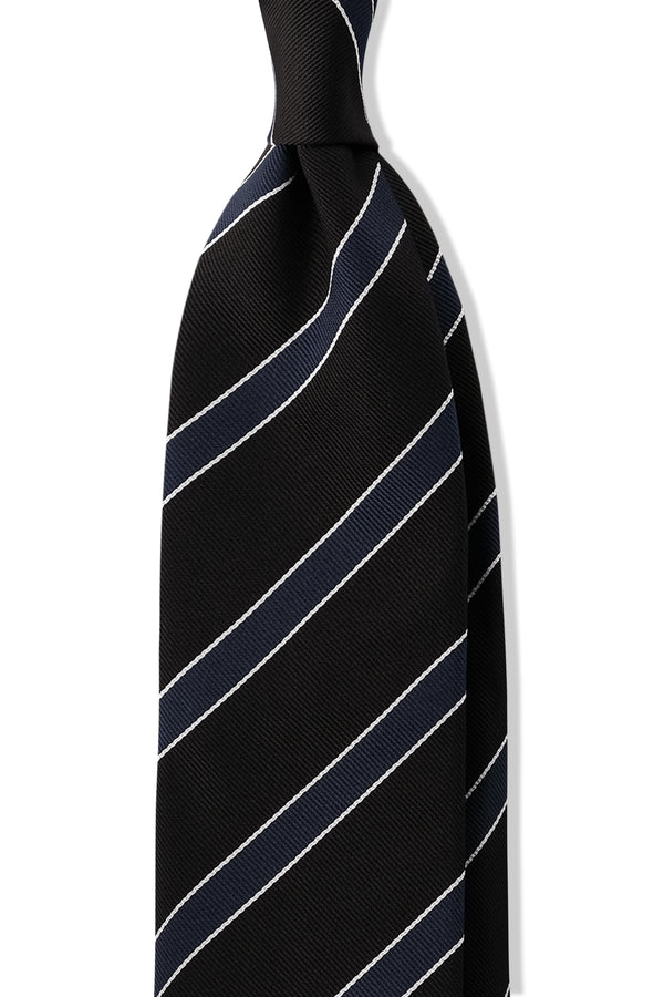 3-Fold Striped Repp Silk Tie - Black / Royal Navy / White - Brunati Como