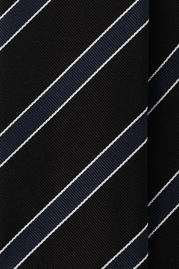 3-Fold Striped Repp Silk Tie - Black / Royal Navy / White - Brunati Como