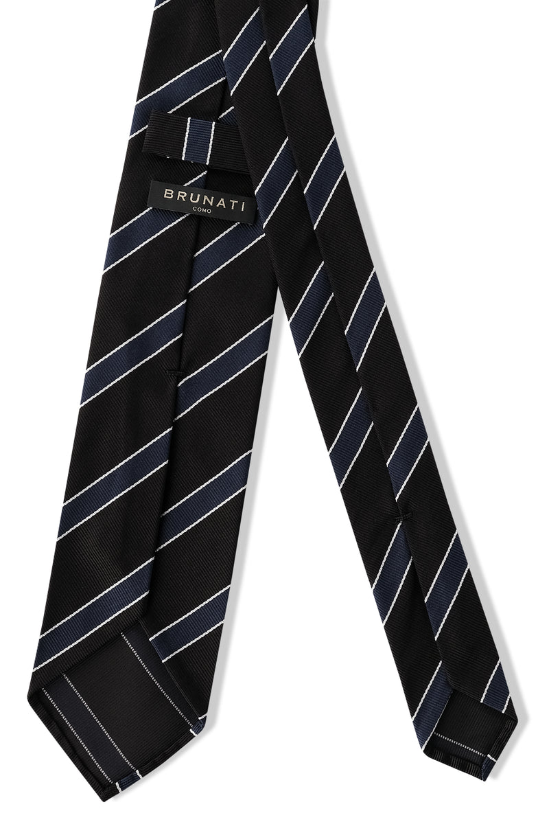 3-Fold Striped Repp Silk Tie - Black / Royal Navy / White - Brunati Como