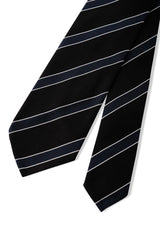 3-Fold Striped Repp Silk Tie - Black / Royal Navy / White - Brunati Como