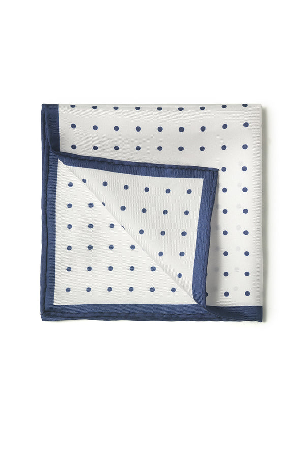 Polka Dot Handrolled Como Silk Pocket Square - White/Navy