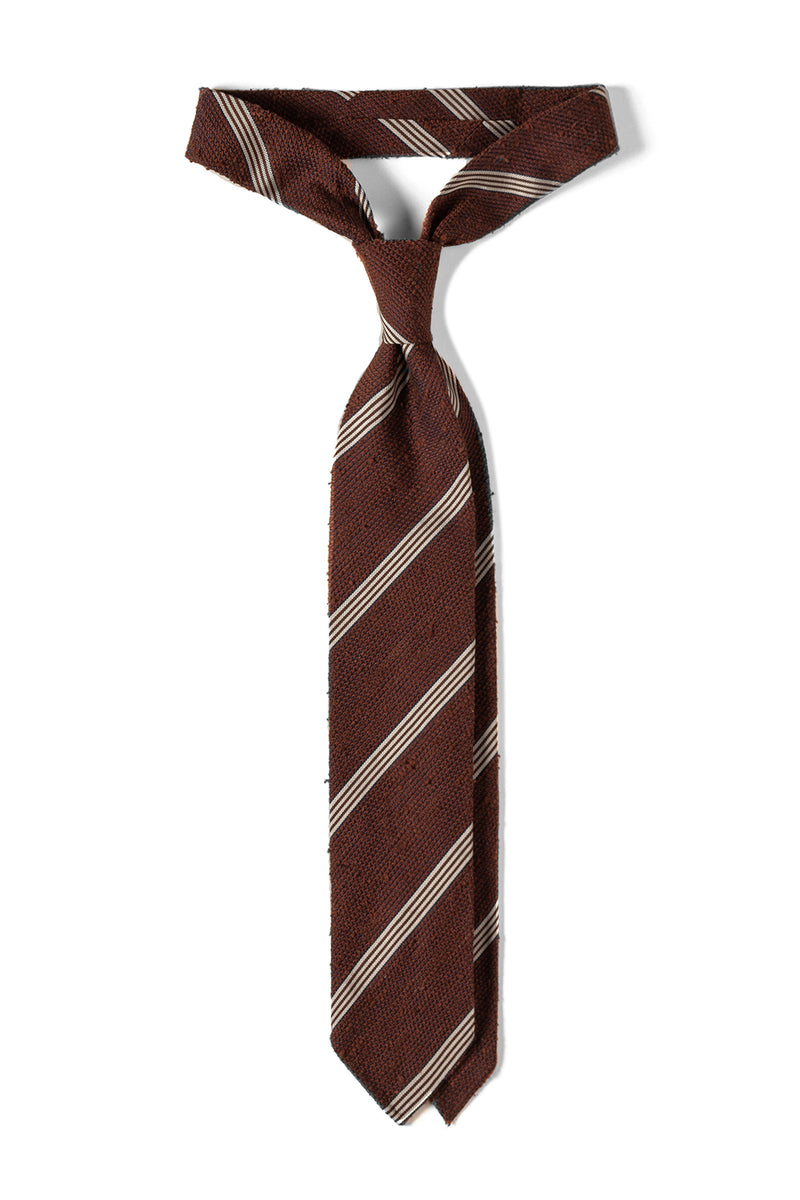 3-Fold Striped Silk Grenadine Shantung Tie - Brown/White - Brunati Como