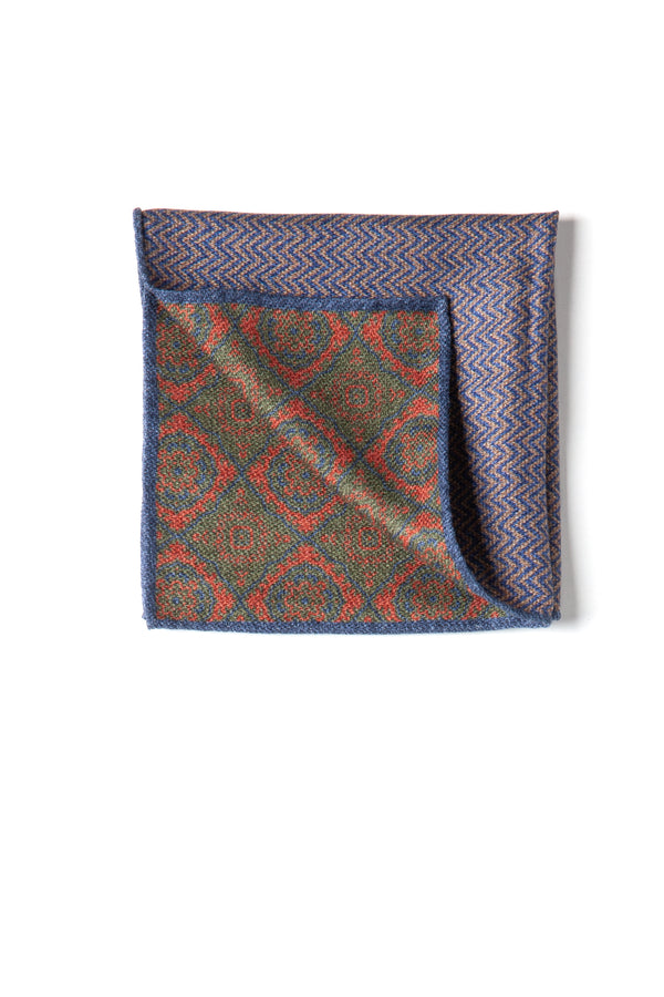 Double Face Handrolled Silk Pocket Square - Blue/Orange